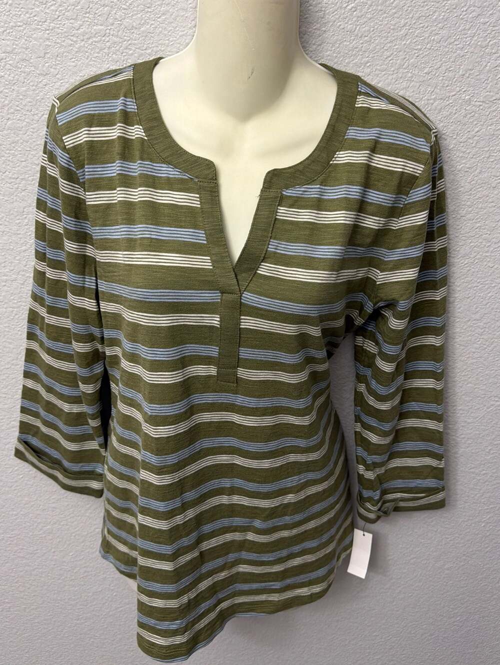 Talbots Banded Split Neck Striped Tee in Olive and Blue